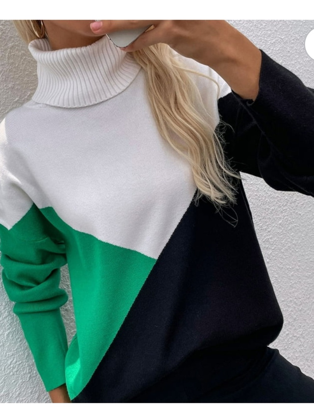 Colorblock Turtleneck Sweater in White, Green & Black